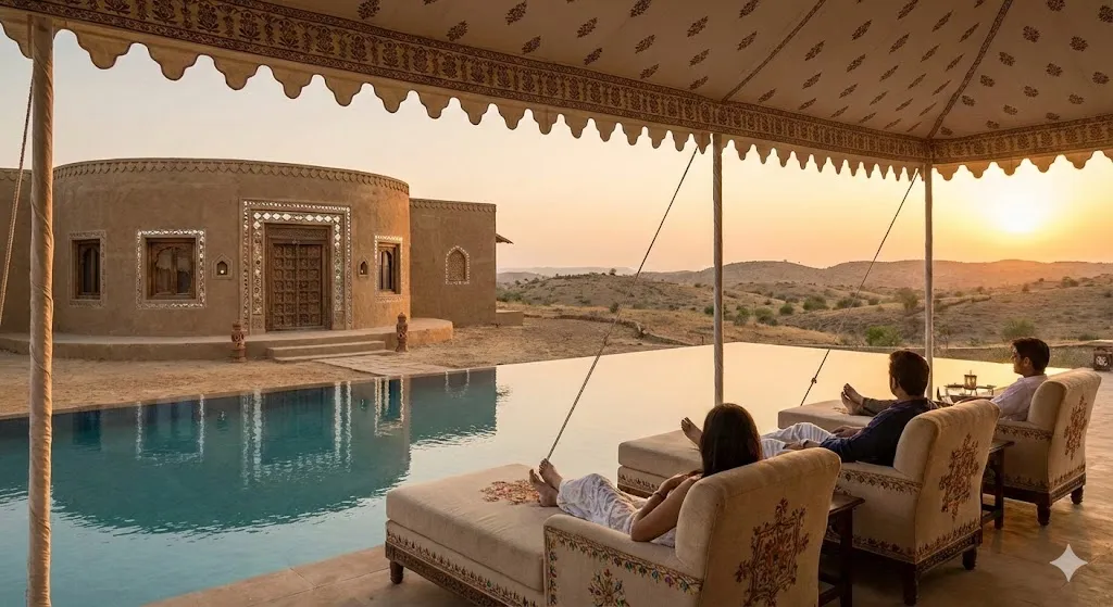 Guests relaxing under a tent by a resort pool at sunset in Kutch